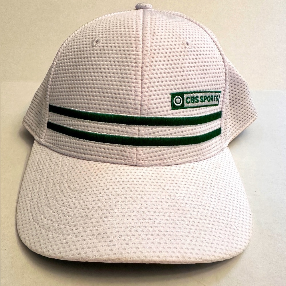 CBS Sports Men’s Adjustable Golf Hat Cap‎ White With Green Stripes Logo